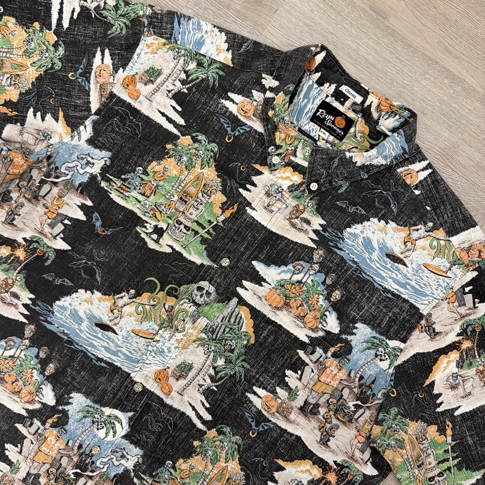 Reyn Spooner Halloween Issue Shirt Mens XXL Black Skeleton Tiki Hawaiian 2XL